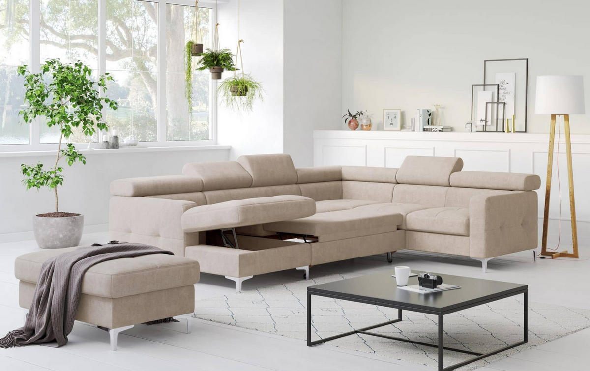 WOHNLANDSCHAFT mit Schlaffunktion und Bettkasten - Chromfarben/Beige, Holz/Textil (240/74/304cm) - Cotta