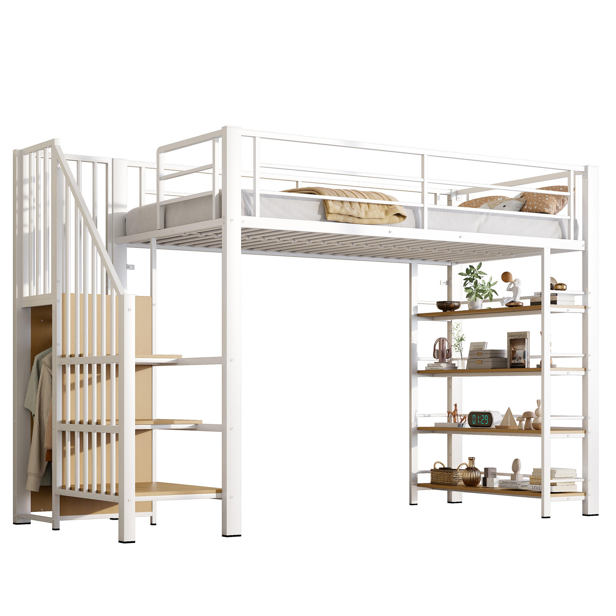 HOCHBETT 90/200 cm aus Metall mit Treppe, Stauraum, Kleiderschrank, Weiß - Weiß, Metall (90/200cm) - OKMYHOME
