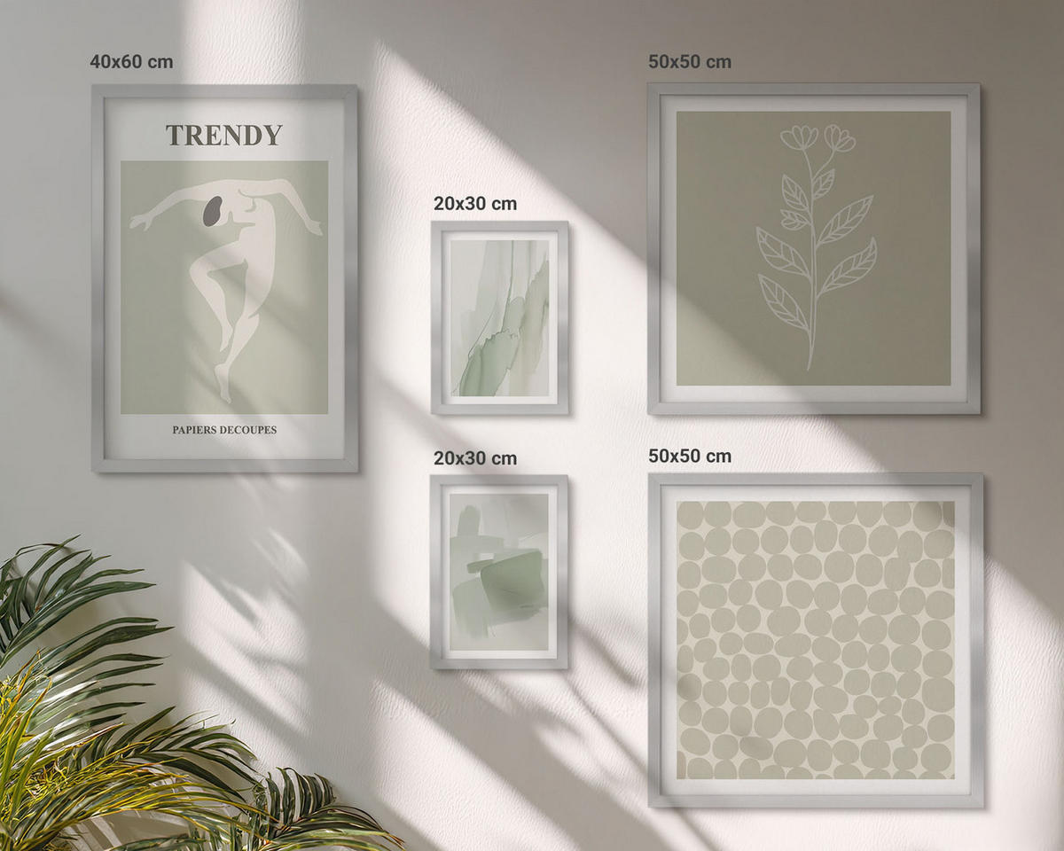 BILDER SET 5er Set - 50x50 cm & 20x30 cm & 40x60 cm Silberner Rahmen - Abstrakte Aquarellpflanzen - Silberfarben, Kunststoff (40/60cm) - TULUP