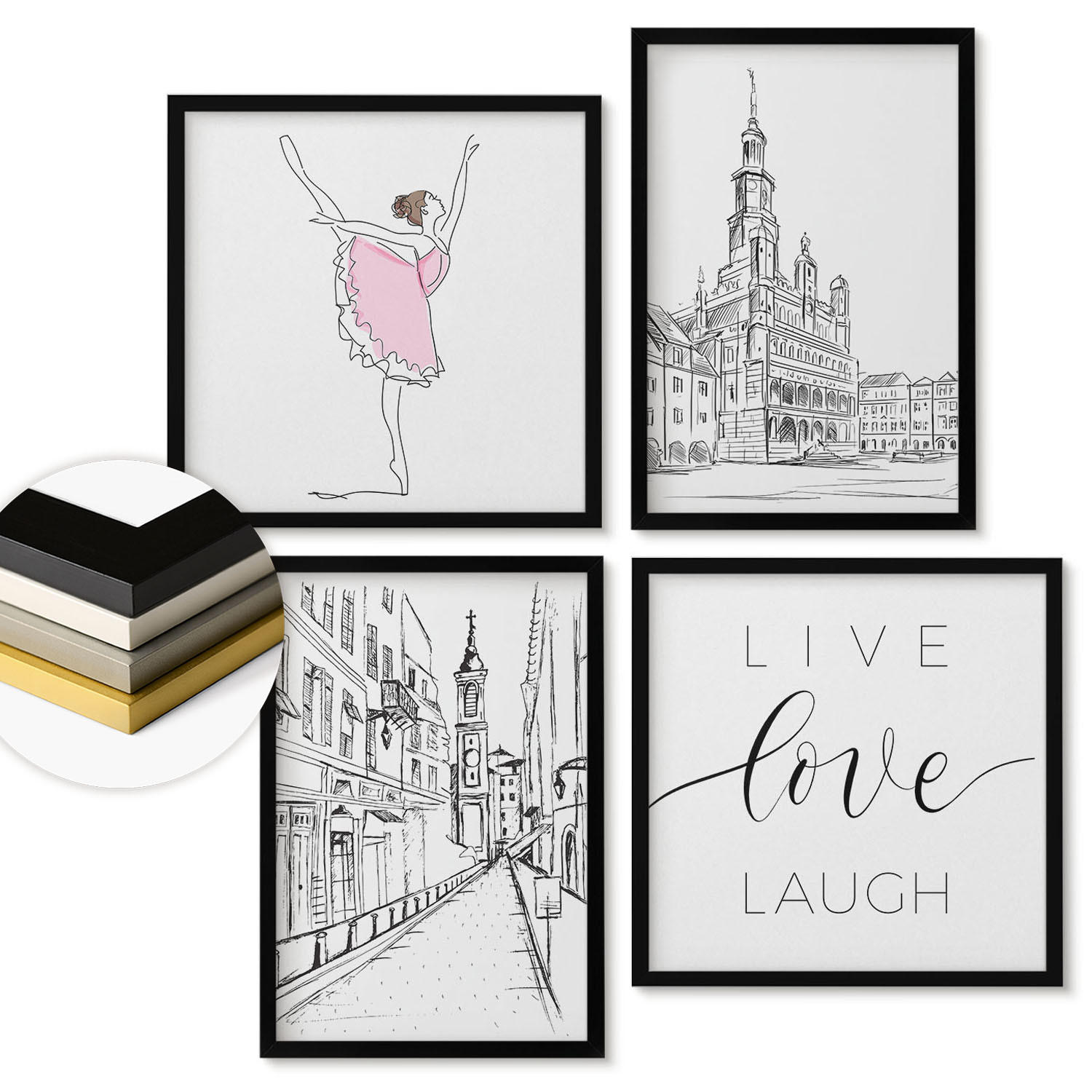 WANDBILDER 4er-Set - 50x50 cm & 40x60 cm Schwarzer Rahmen - Stilvolle Grafik, Ballerina-Architektur - Schwarz, Kunststoff (50/50cm) - ArtPrintCave