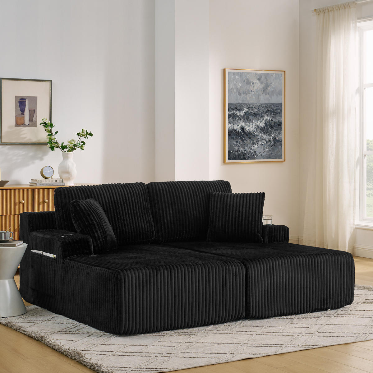 2-SITZER Schlafsofa aus Schaumstoff und Kordstoff Schwarz mit Magazintasche, Getränkehalter und abnehmbaren Kissen - Schwarz, Kunststoff (186/78/154cm) - Modfu