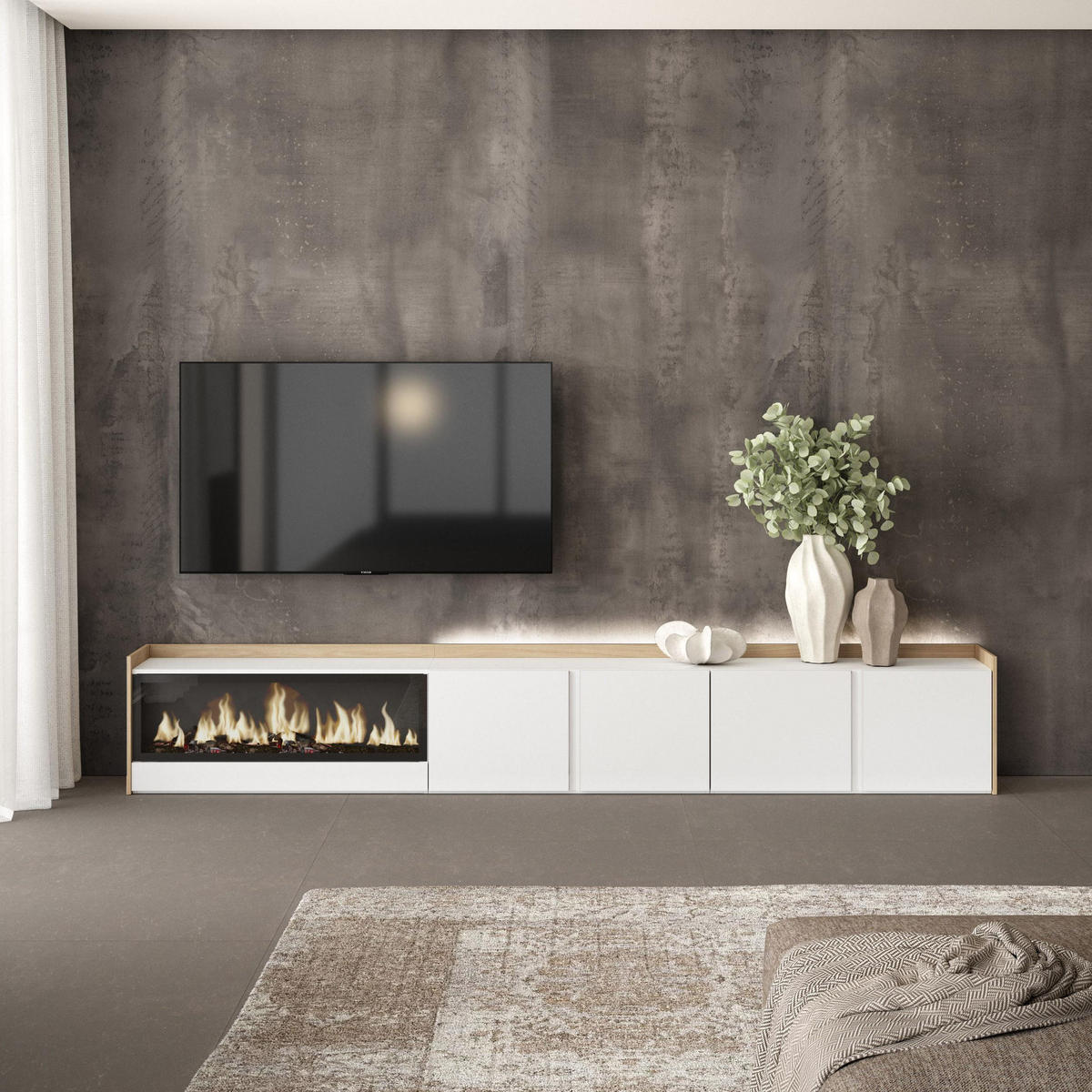 LOWBOARD, Weiß und Eiche, 315/35/50cm, Kamin mit Feuereffekt XXL - Weiß, Holzwerkstoff (315/50/35cm) - Skraut Home