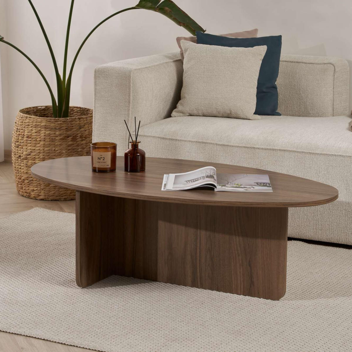 COUCHTISCH mit ovaler Platte L125 cm 65/120/40 cm - Naturfarben, Holzwerkstoff (70/65/40cm) - Calicosy
