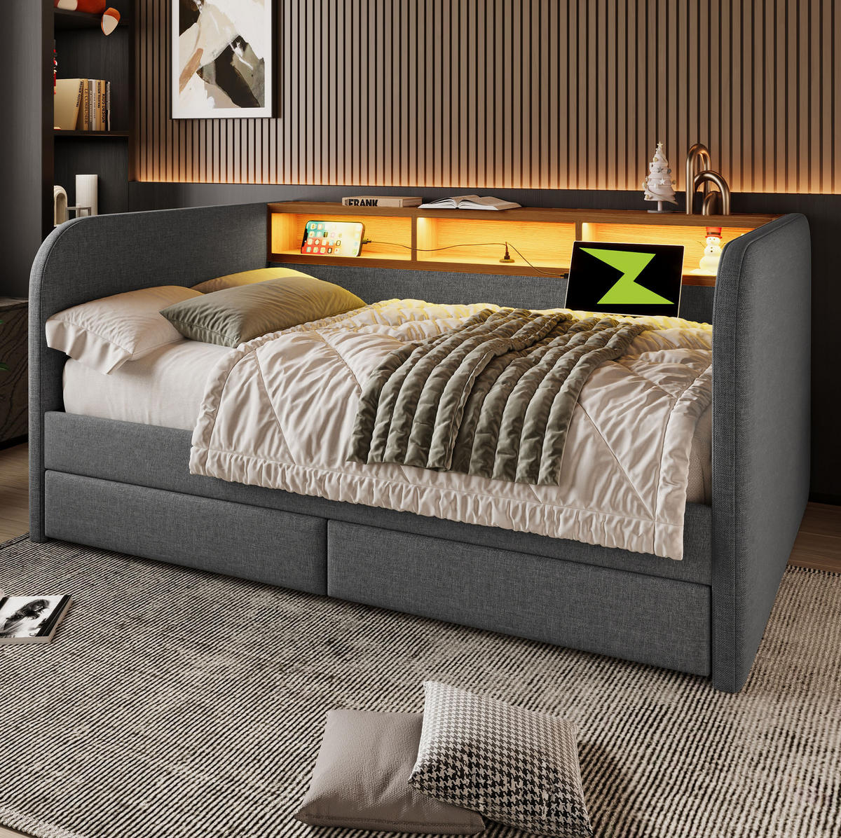 POLŠTÁŘOVÁ postel 140/190 cm šedá z lnu s LED osvětlením, USB-C a úložnými zásuvkami - šedá, textil (140/190cm) - OKWISH