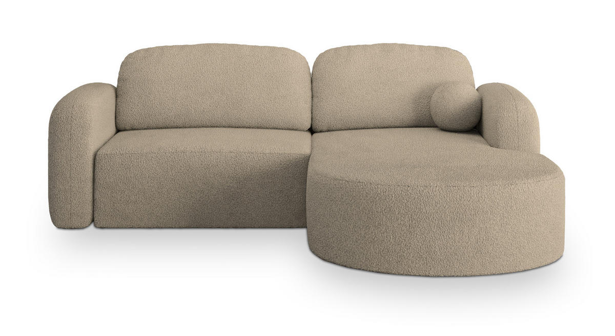 ECKSOFA AMILIA R-S Beige Boucle-Stoff mit Schlaffunktion - Beige, Holz (263/174cm) - MASSENO