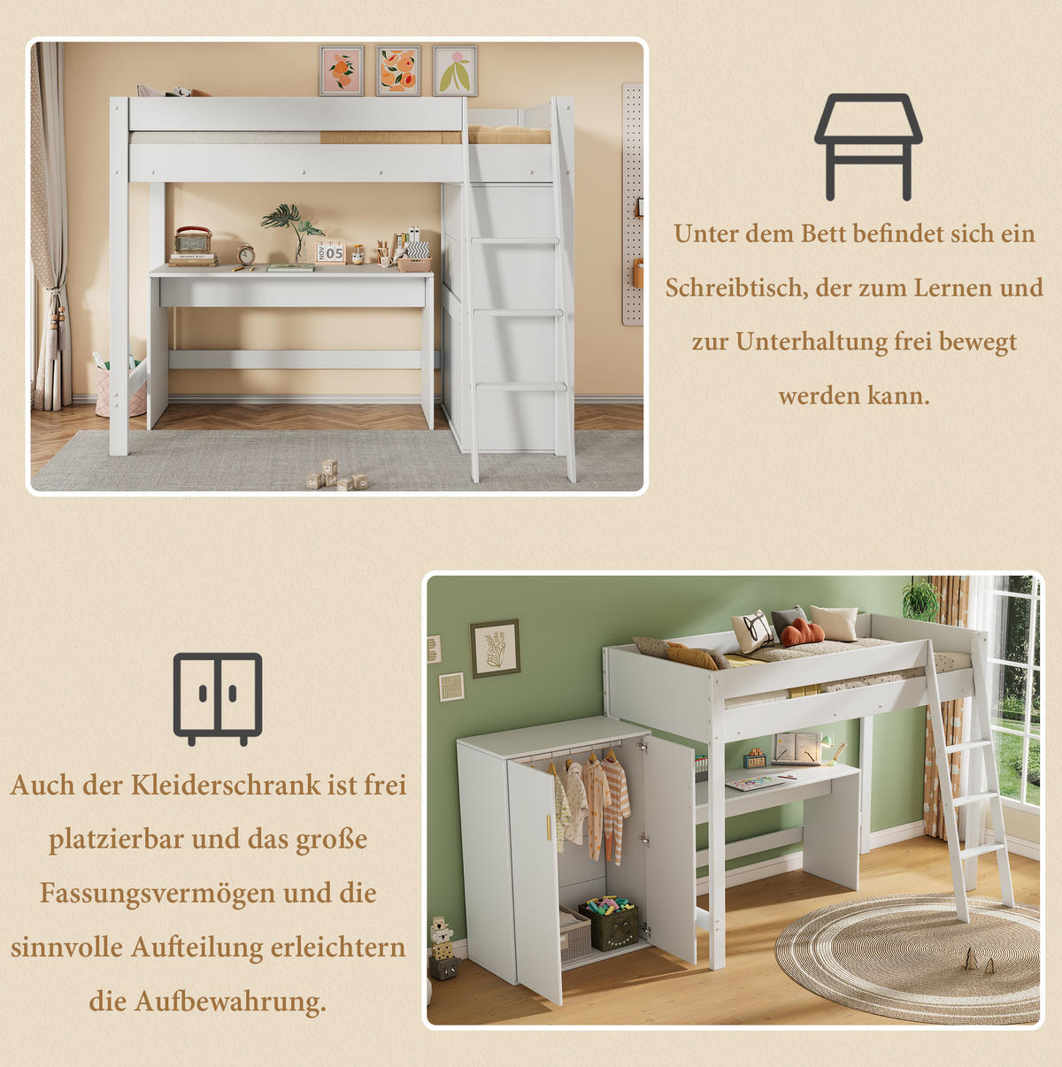 HOCHBETT 90/200 cm aus Massivholz mit Schreibtisch und mobilem Kleiderschrank Weiß - Weiß, Holzwerkstoff (90/200cm) - Modenvie