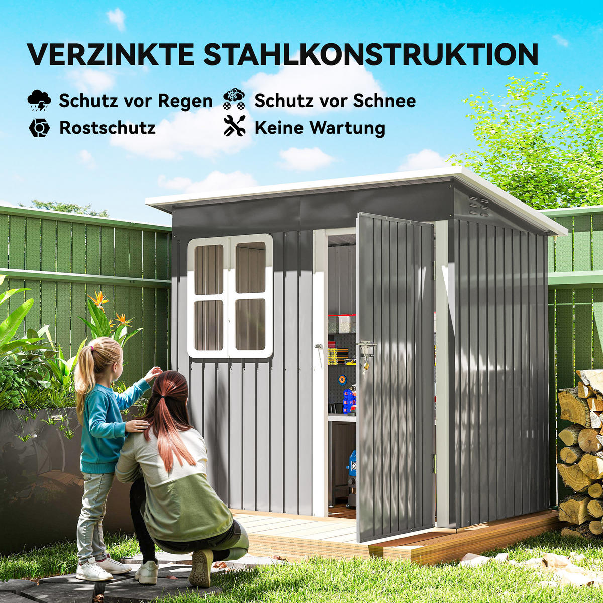 GERÄTEHAUS 2,55m², Gartenhaus mit Pultdach, 221 x 133 x 190/173 cm, Dunkelgrau - Dunkelgrau, Metall (133/190/211cm) - Outsunny