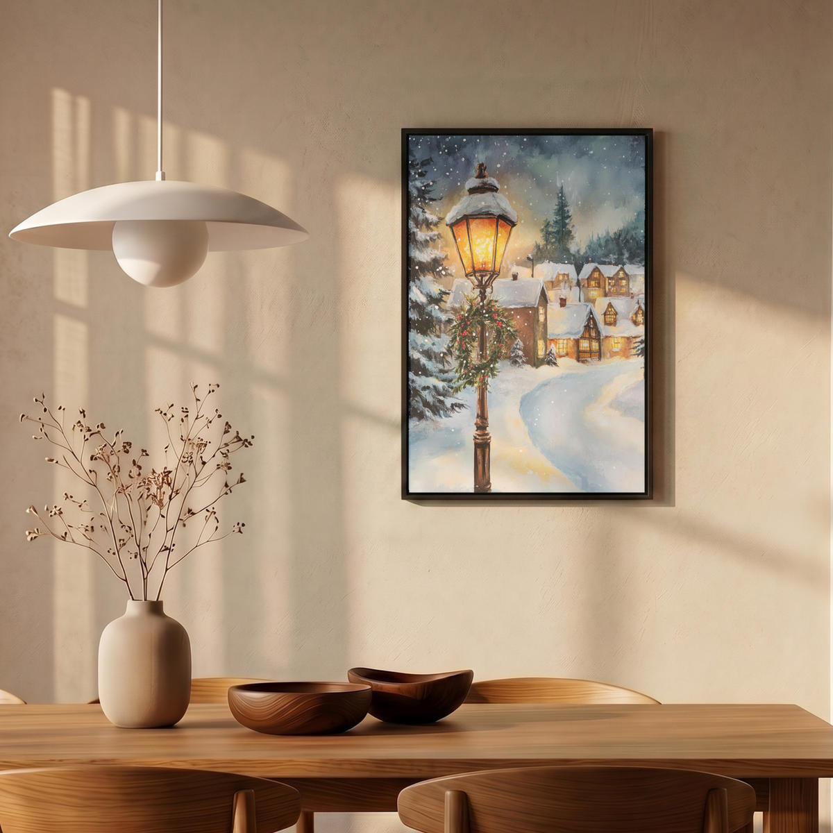 LEINWAND Bilder mit Rahmen - Weihnachtsdorf - Häuser - Schnee - Weihnachten - 40x60 - Sandfarben, Textil (40/60cm) - MuchoWow