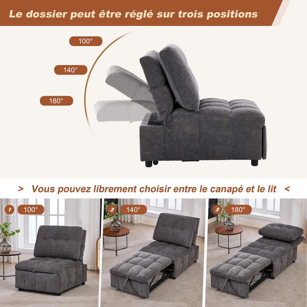 SCHLAFSESSEL aus Stoff, Verstellbare Rückenlehne, Grau - Grau, Textil (95/76/68cm) - Urban Meuble