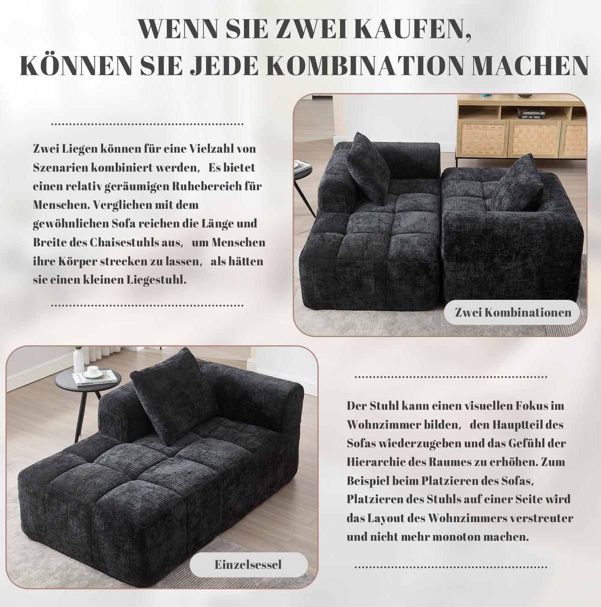CHAISELONGUE Sofa Chenille mit Seitentaschen und Kissen 158/90/60 cm Schwarz - Schwarz, Textil (60/158/90cm) - Redom