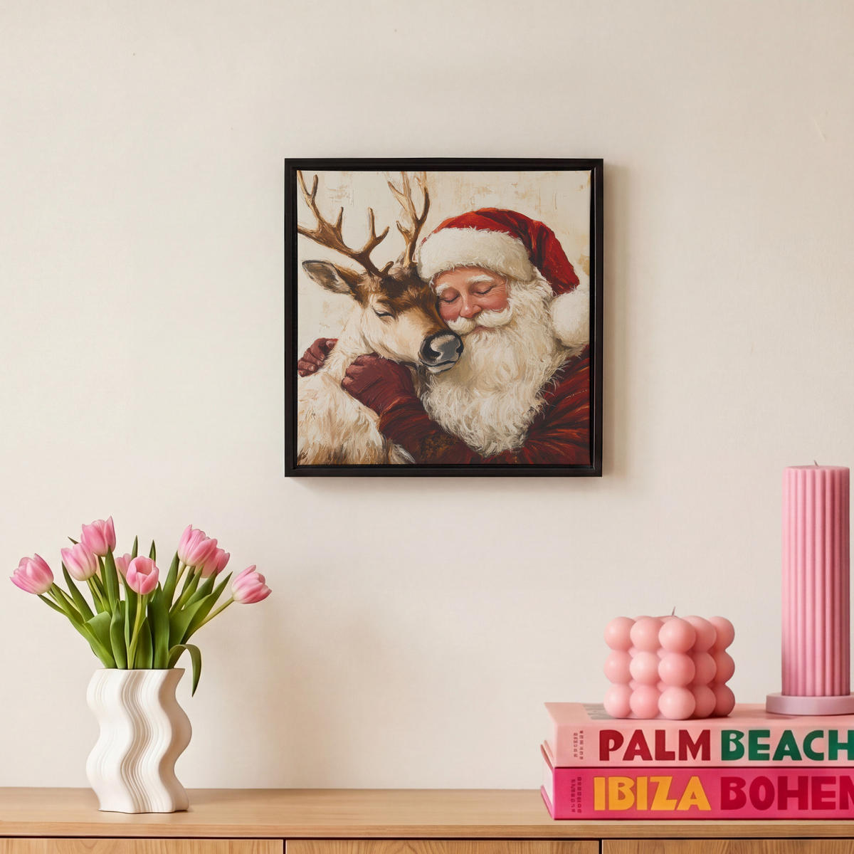 LEINWAND Bilder mit Rahmen - Weihnachtsmann - Rentier - Weihnachten - 20x20 - Rotbraun, Textil (20/20cm) - MuchoWow