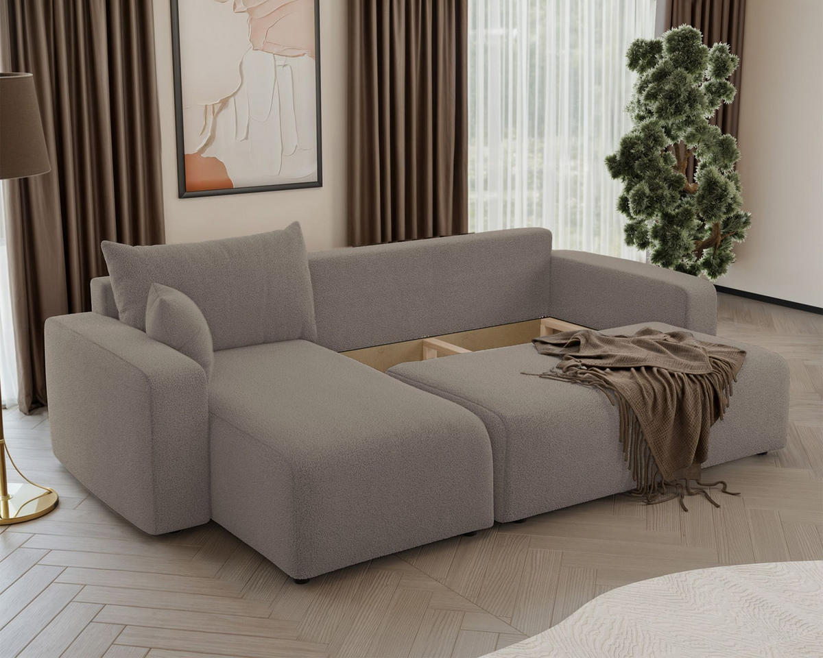 ECKSOFA Pianoni Hellbraun Bouclé-Bezug - Hellbraun/Schwarz, Kunststoff/Textil (244/140cm) - Selsey