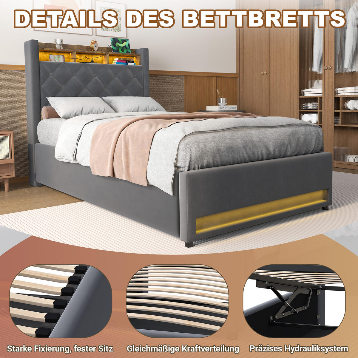 POLSTERBETT 90/200 cm in Grau, Samt, mit Bettkasten, USB, LED, ohne Matratze - Grau, Holzwerkstoff/Textil (90/200cm) - WISHDOR