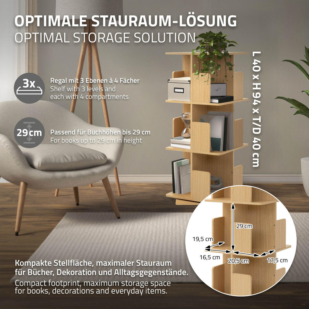 BÜCHERREGAL Kinder mit 3 Ebenen Eiche 40x94x40 cm Drehbar 360 Grad - Beige, Holzwerkstoff (40/94/40cm) - ML-DESIGN