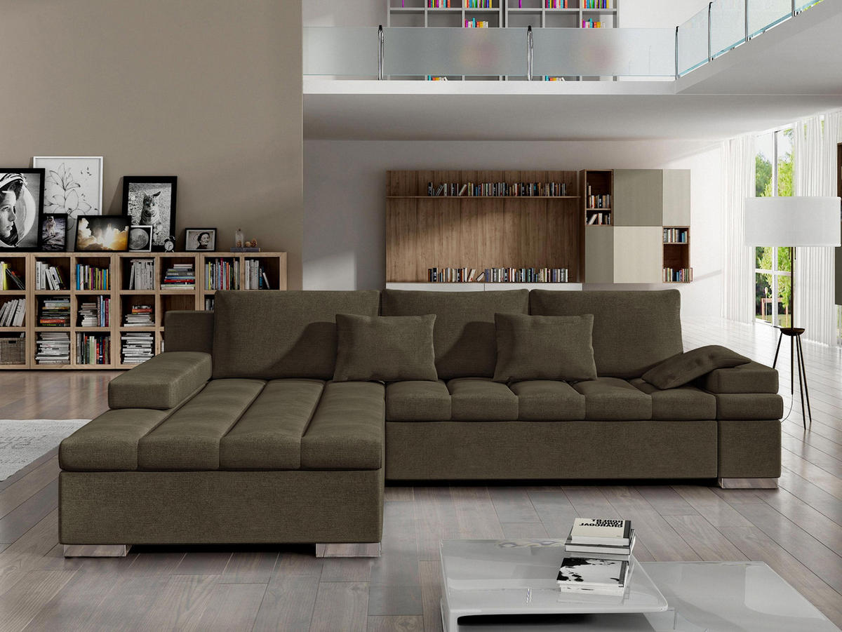 ECKSOFA Bangkok, Seite: Links - Dunkelbraun/Silberfarben, Holz/Textil (310/175cm) - MIRJAN24