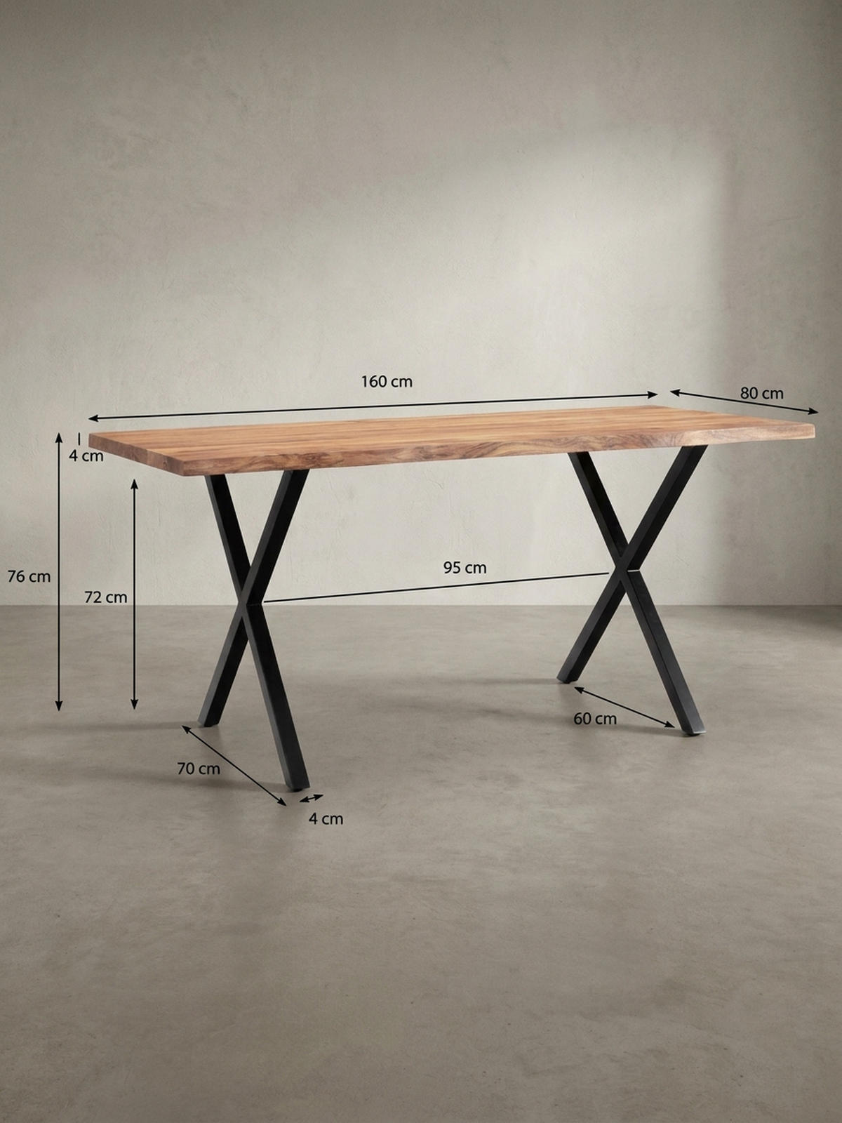ESSTISCH Massivholz Metall X-Gestell Baumkante Industrial KRETA, Goldbraun-Schwarz 160x80x76 cm - Schwarz/Braun, Holz/Metall (80/160/76cm) - KADIMA DESIGN
