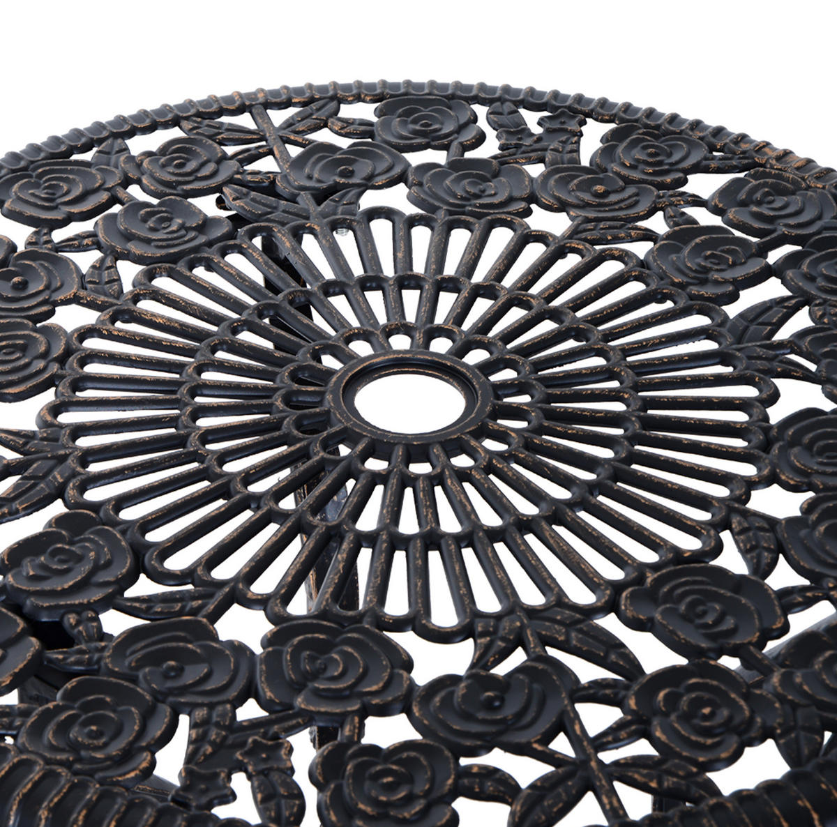 BISTROSET 60/60/67 cm, 3-teilig mit Schirmöffnung und Gussrosenmuster, Metall, Bronze - Bronzefarben, Metall - Redom
