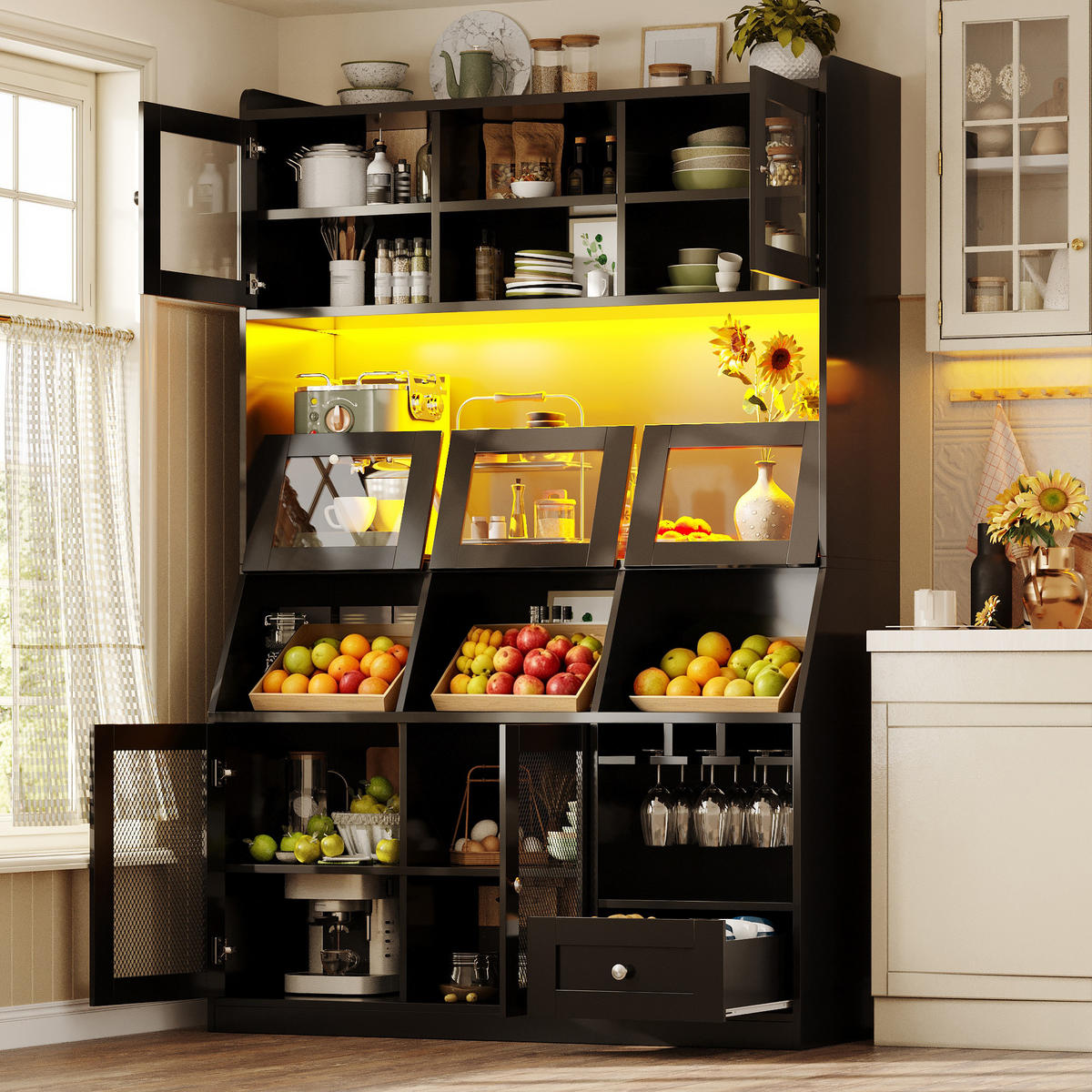 KÜCHENSCHRANK 120x40x181.7Cm LED USB Glas Schwarz - Schwarz, Holzwerkstoff (120/181.7/40cm) - FLIEKS