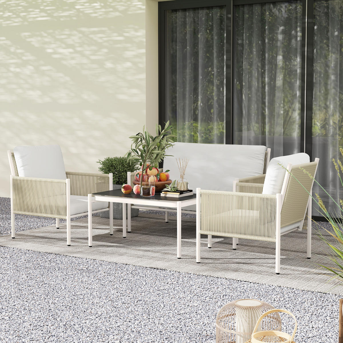 GARTENMÖBEL LOUNGE-SET DE-06736 4-teilig, mit Glastisch Braun/Grau - Hellgrau, Kunststoff/Metall - ComfortXL
