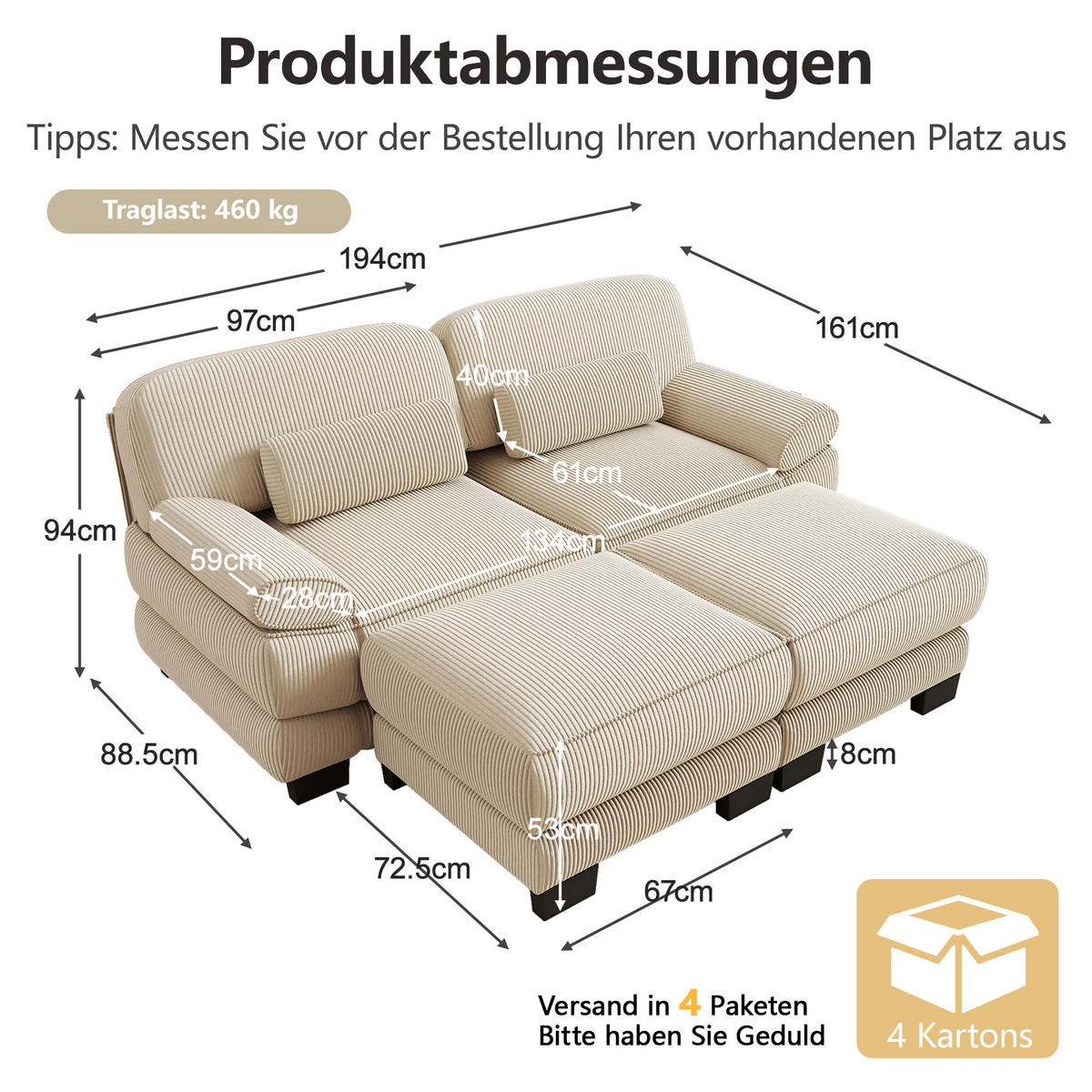 2-SITZER-SOFA modular mit 2 Hockern, DE-42659, Beige - Beige, Holz (194/94/161cm) - ComfortXL
