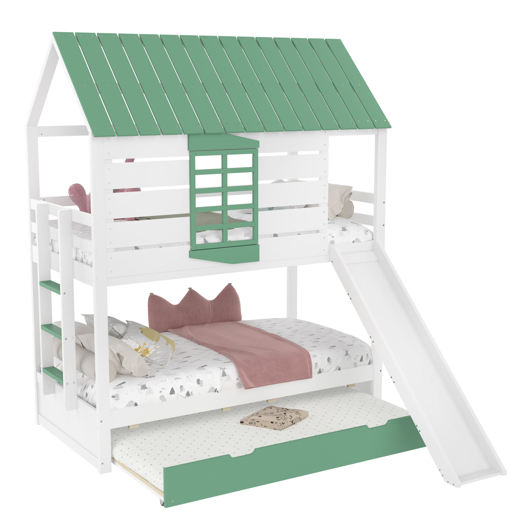 ETAGENBETT 90/200 cm in Weiß/Grün mit Rutsche und Ausziehbett - Weiß, Holzwerkstoff (90/200cm) - OKMYHOME
