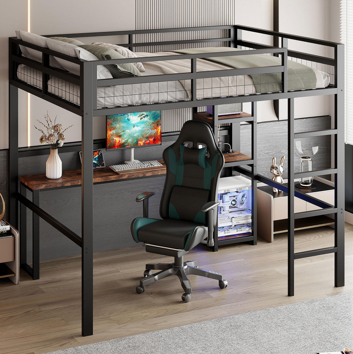 HOCHBETT 140/200 cm aus Metall/MDF mit Schreibtisch, Regalen und USB-/Typ-C-Steckdose Schwarz - Schwarz, Metall (140/200cm) - Modenvie