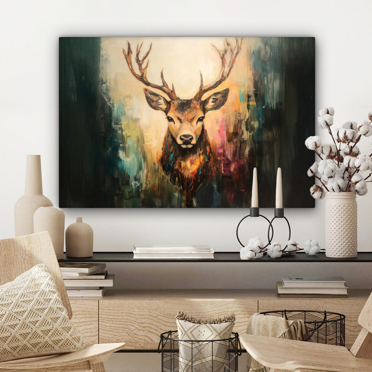 OBRAZ NA PLÁTNĚ Jelen - malovaný - paroží - hnědé 60x40 cm - barva lískového ořechu, textil (60/40cm) - MuchoWow