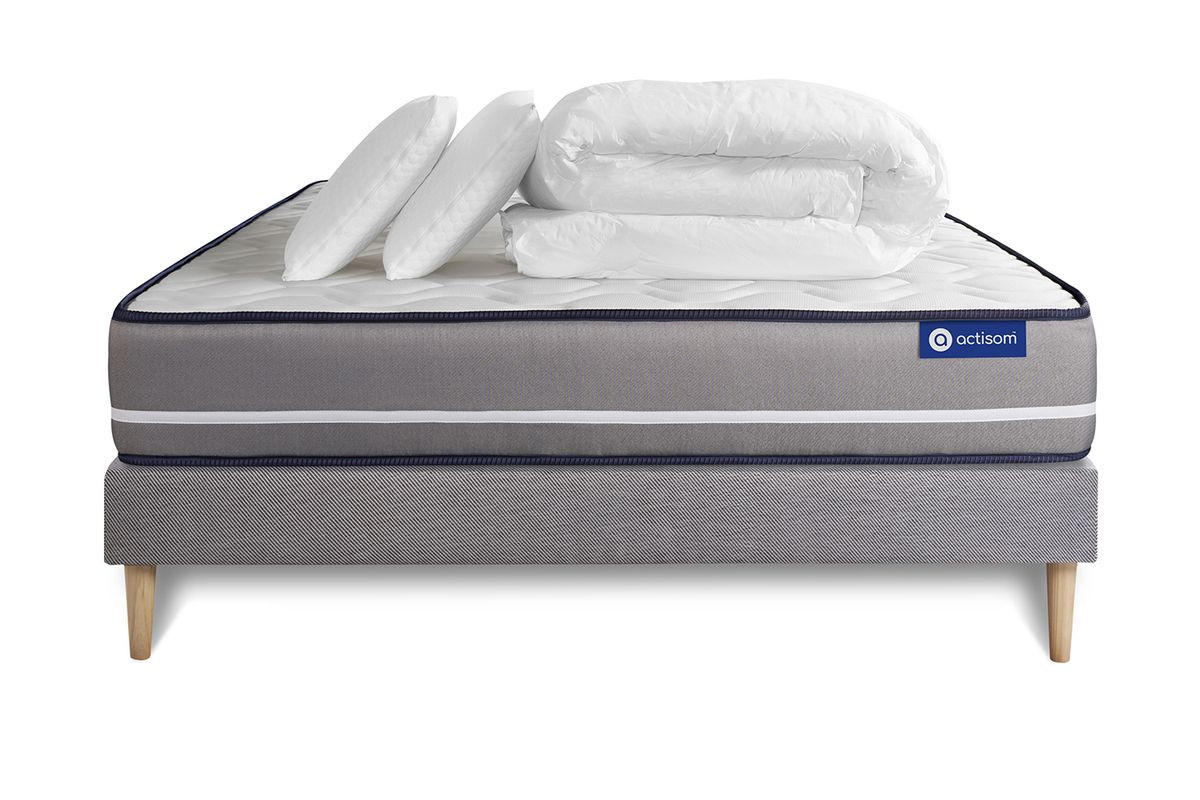 BETT Actiflex pur Taschenfederkern 200 x 200 cm h3 - Kit Bettgestell Grau - Mit Kissen und Bettdecke - Beige/Grau, Karton/Holz (200/200cm) - ACTISOM