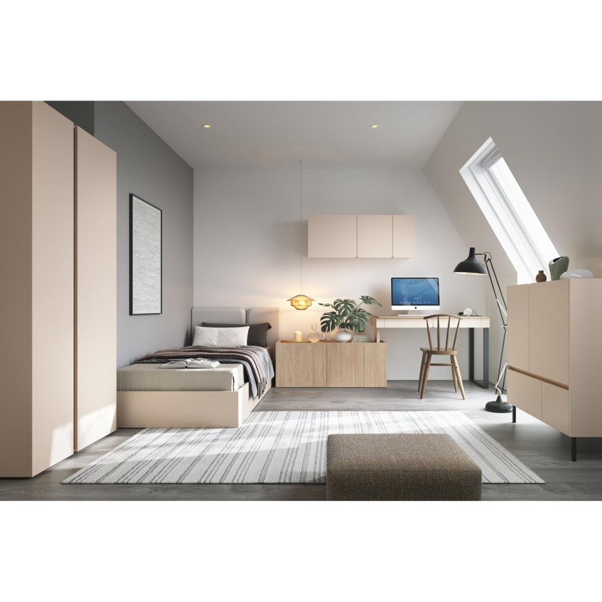 SCHREIBTISCHKOMBINATION Lico Schreibtisch mit Kommode für Jugendzimmer, Sandbeige - Beige/Schwarz, Holzwerkstoff (131/140/74.5cm) - Beautysofa