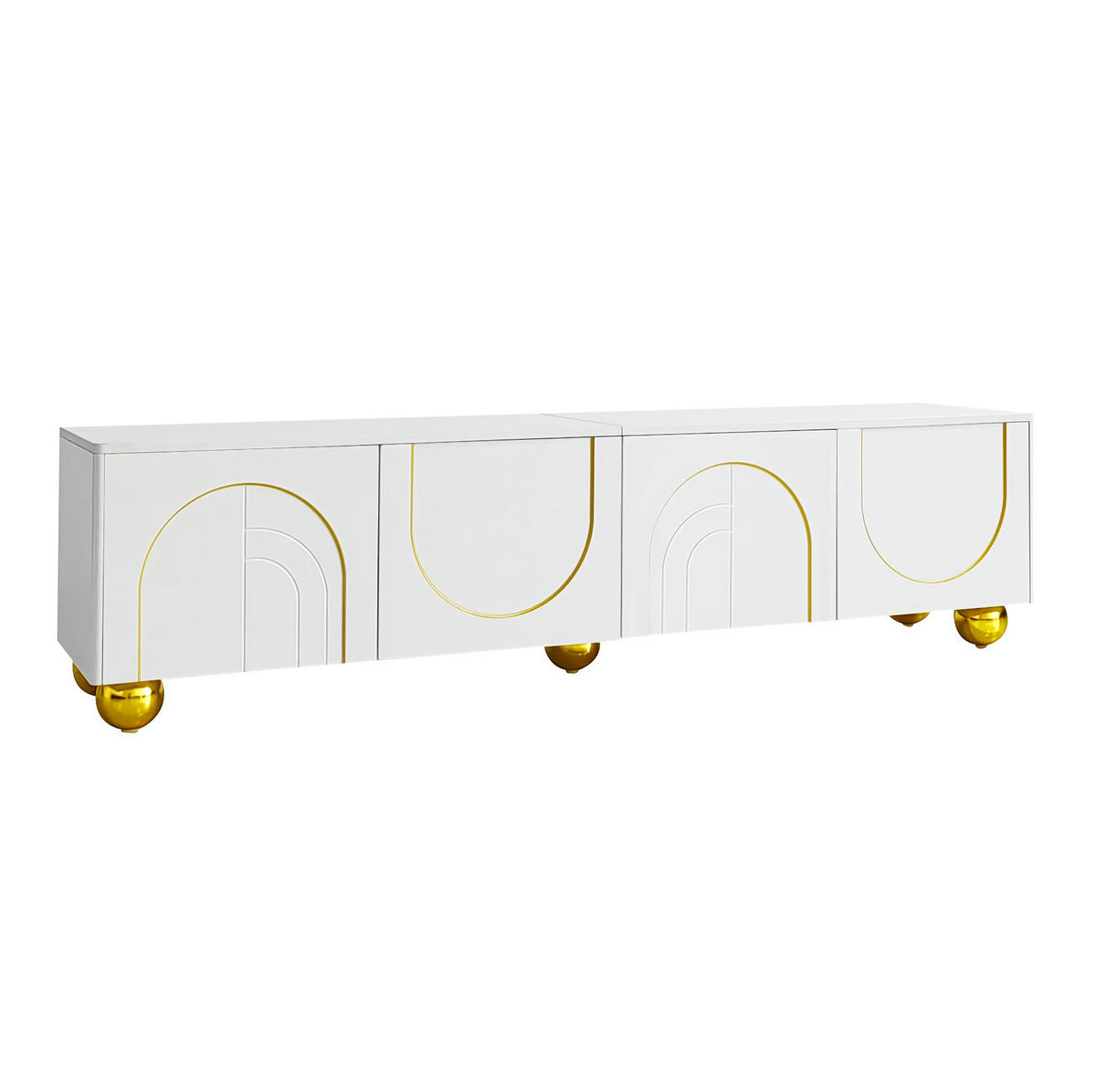 TV-LOWBOARD aus Spanplatte 170x38x44 cm Weiß mit 4 Türen, Push-to-Open und goldfarbenen Beinen - Weiß, Holzwerkstoff (170/44/38cm) - Modfu