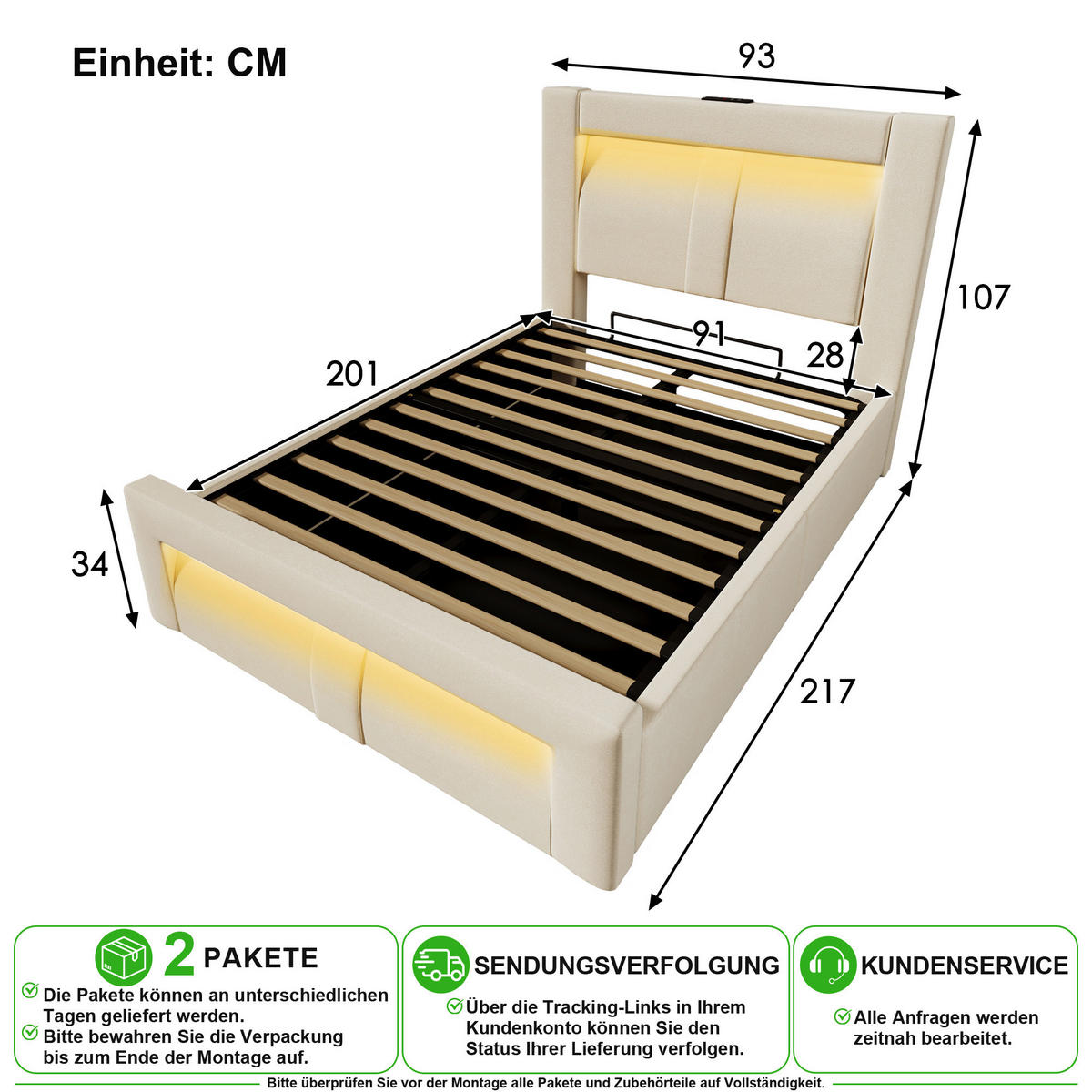 ČALOUNĚNÁ POSTEL 90/200 cm v béžové barvě se sametem, úložným prostorem, LED a USB-C - béžová, kov/kompozitní dřevo (90/200cm) - CHICFURN