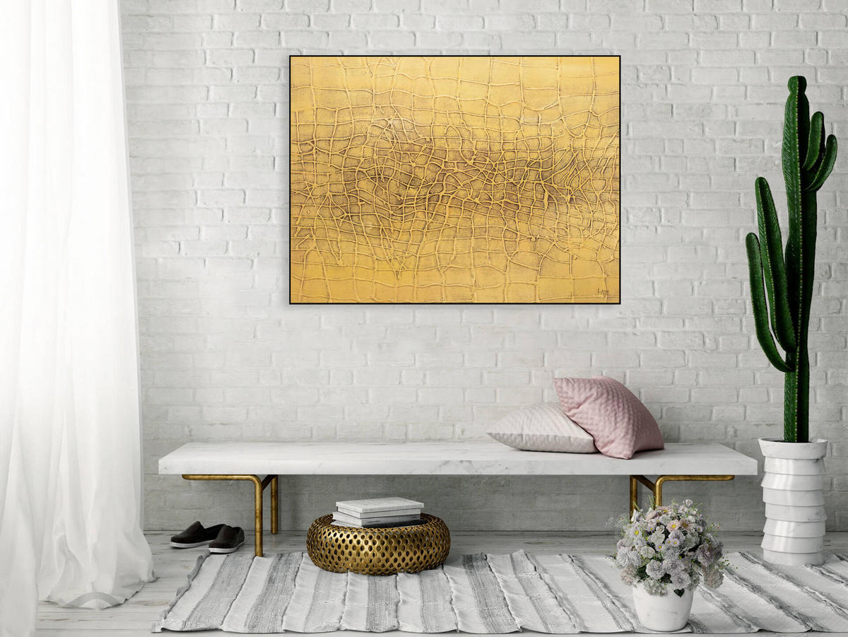 RUČNE MAĽOVANÝ AKRYLOVÝ OBRAZ 100/75 cm, žltý, abstraktný geometrický motív - žltá, drevo/textil (100/75cm) - KUNSTLOFT