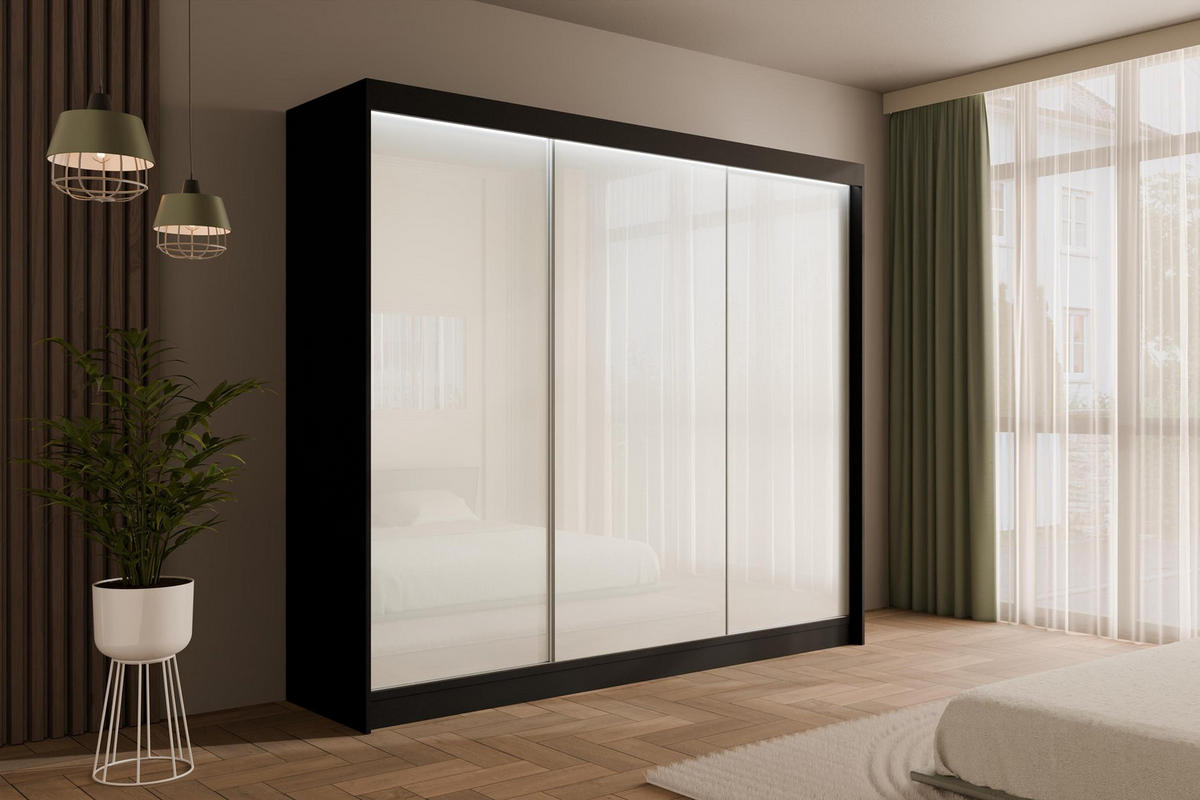 KLEIDERSCHRANK PEKA mit LED - 250 cm - Schwarz|Weiß - Schwarz/Weiß, Holzwerkstoff (250/215/61cm) - ALTDECOR