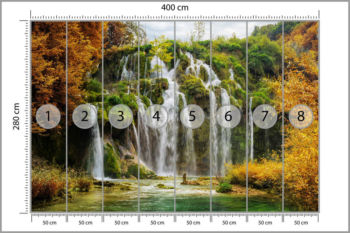 FOTOTAPETE für Esszimmer Exotischer Wasserfall Herbstbaum 400x280 - Gelb/Beige, Papier (400/280cm) - Muralo