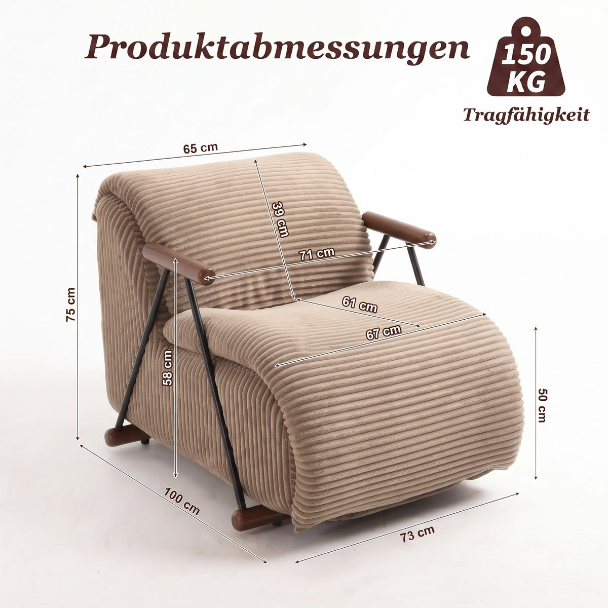 XXL-SESSEL mit Armlehnen, Cord Loungesessel, Ergonomisch, Hellbraun - Hellbraun, Textil/Metall (73/75/100cm) - LVHOM