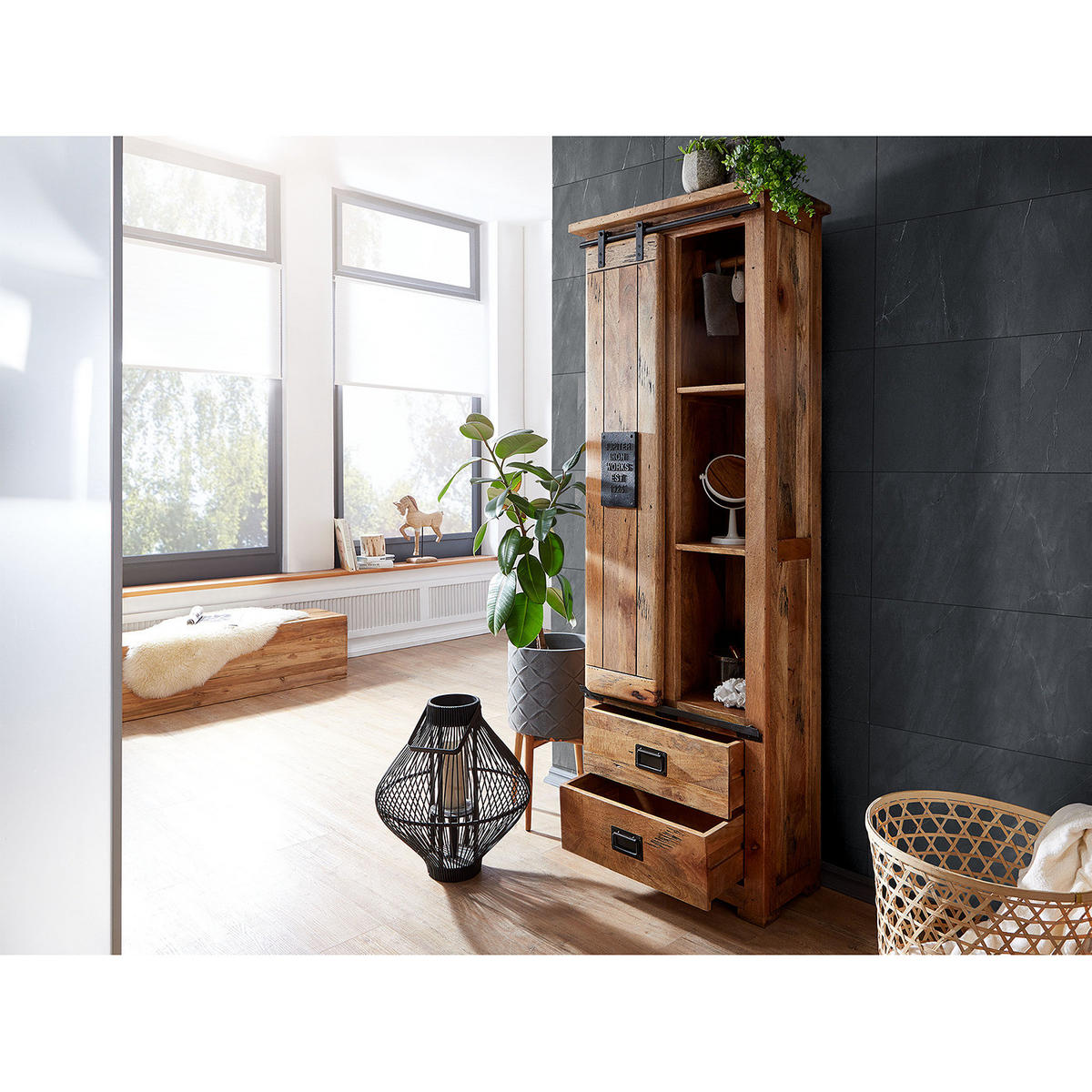 HOCHSCHRANK - Mango massiv / Eisen - Mango / Schwarz - Braun, Holz/Metall (70/195/35cm) - home24