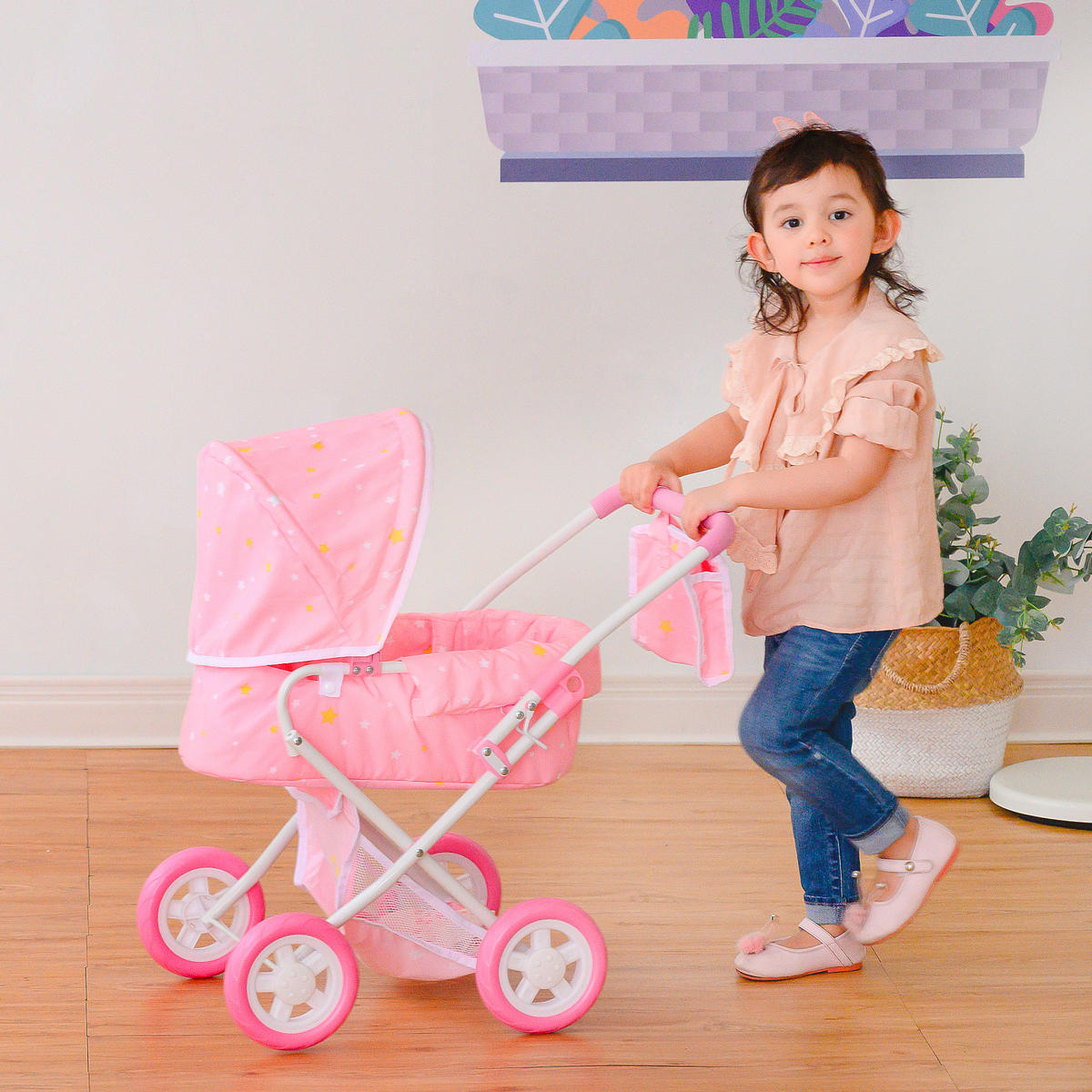 PUPPENWAGEN Baby Doll 2-in-1 Nutzung, Rosa, 68cm - Pink, Holz (56/68/37cm) - Teamson Kids