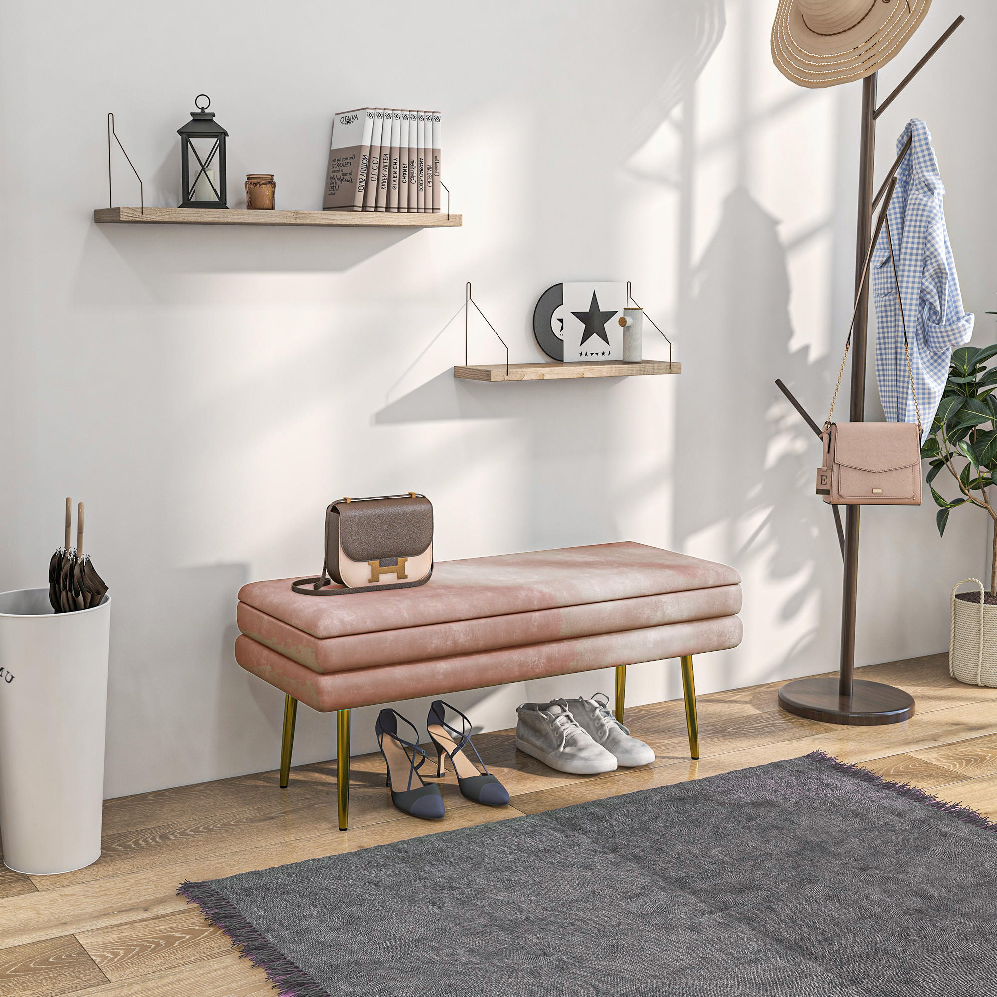 SITZBANK, Polsterbank mit Stauraum, Samtoptik, Bettbank mit Stahlbeine, Rosa - Rosa, Kunststoff (37.5/42/100cm) - HOMCOM