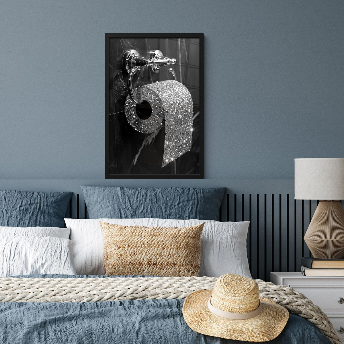 GERAHMTES BILD WC - Toilettenpapier - Schwarz und weiß - Glitter 40x60 cm - Silberfarben, Papier (40/60cm) - MuchoWow