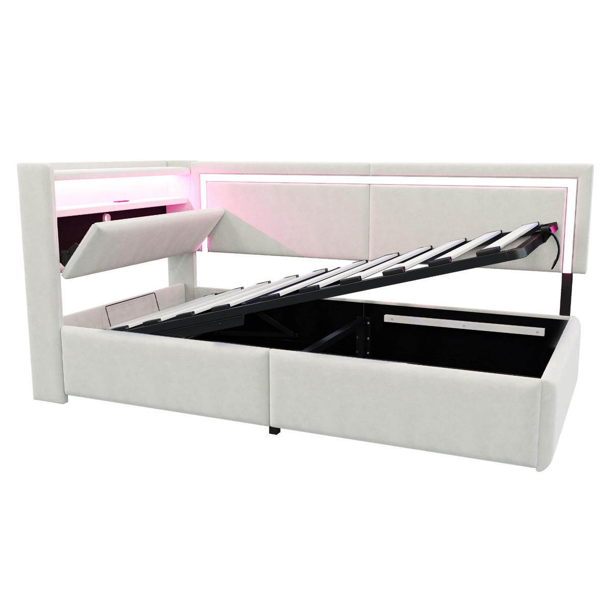 ROZKLADACIA posteľ 90/200 cm béžová zo zamatu s LED osvetlením USB portmi a úložným priestorom - béžová, textil (90/200cm) - OKWISH