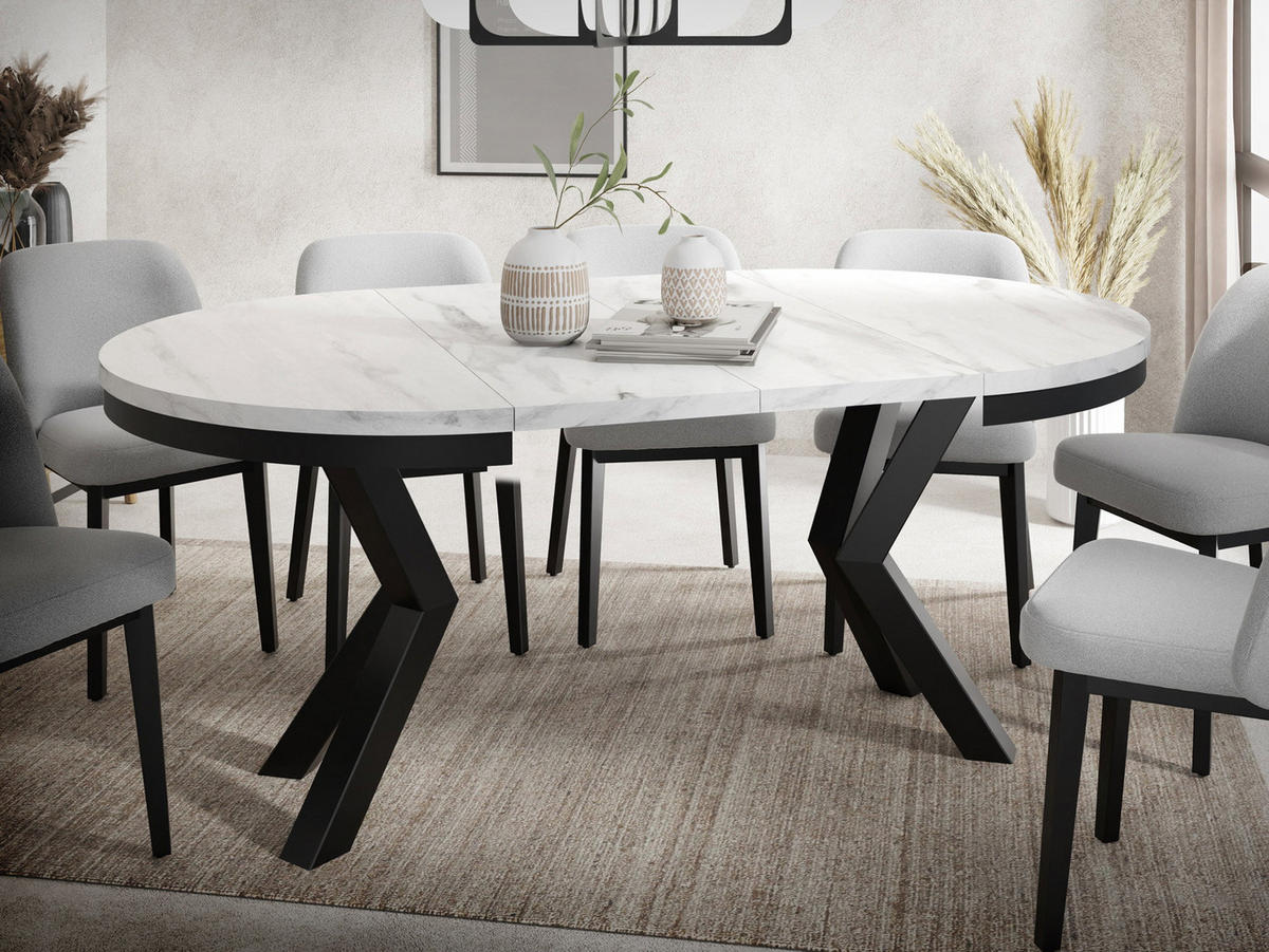 ESSTISCH Clara runder ausziehbarer, Marmor Weiß 100-180/100/76 cm - Ecru/Schwarz, Holzwerkstoff/Metall (100/180/76cm) - WFL GROUP