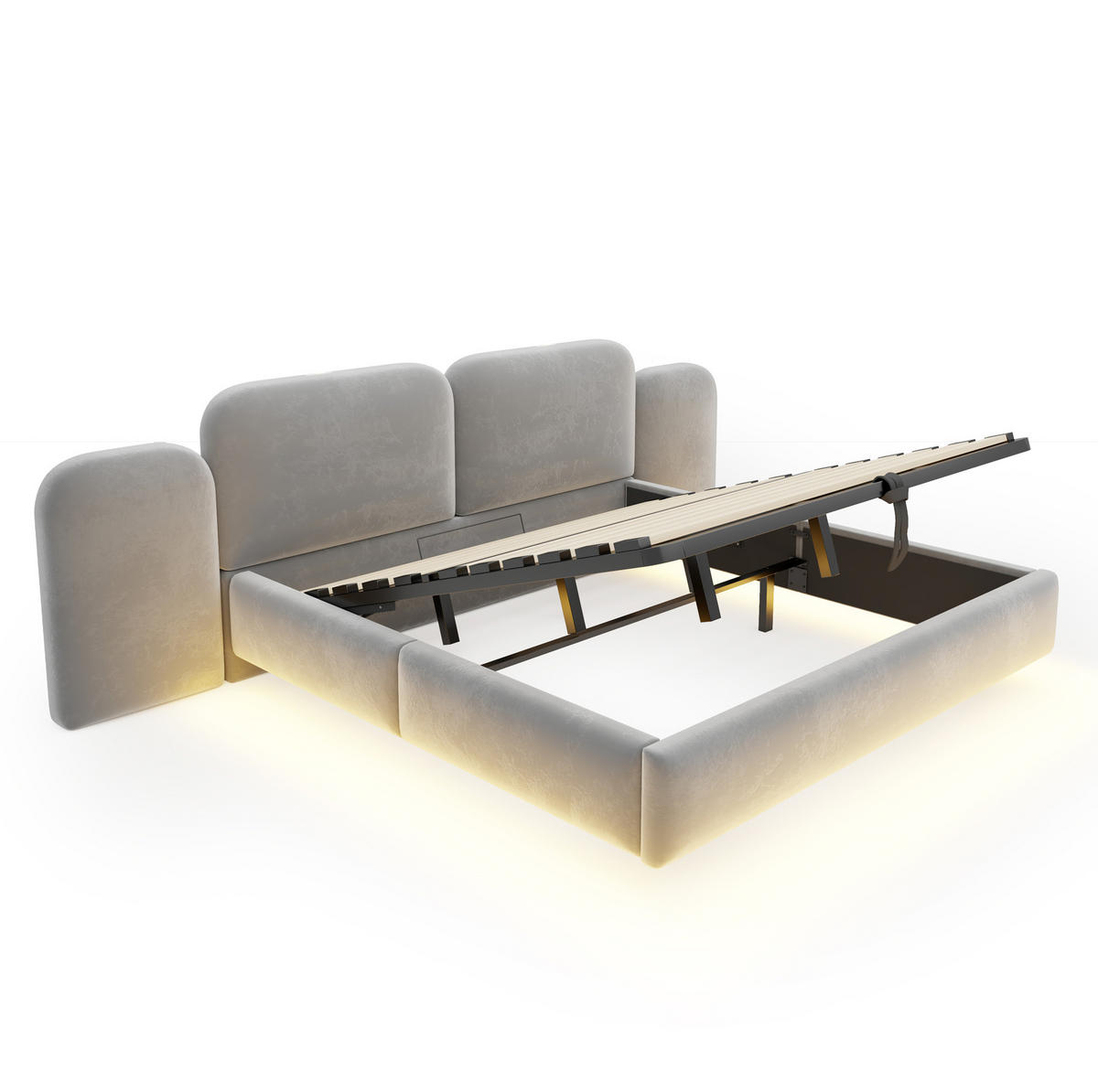 POLSTERBETT aus Samtstoff 180x200 cm Grau mit Bettkasten, RGB-LED-Beleuchtung und USB-/Typ-C-Anschlüssen - Grau, Textil (180/200cm) - Modfu