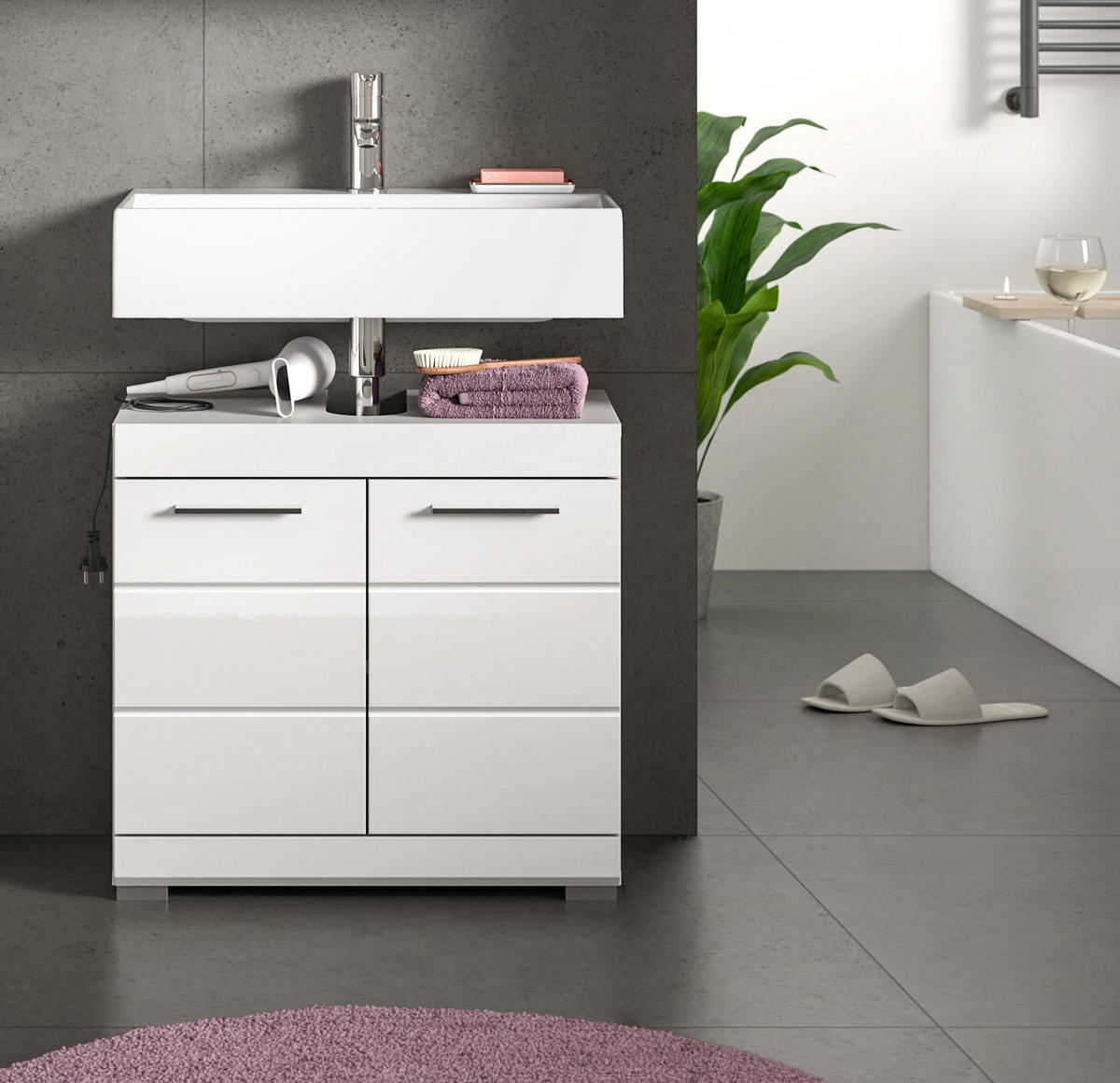 WASCHBECKENUNTERSCHRANK weiß Hochglanz 60 cm mit Rillenoptik - Weiß Hochglanz/Silberfarben, Holzwerkstoff/Kunststoff (60/56/34cm) - Inn.Furn