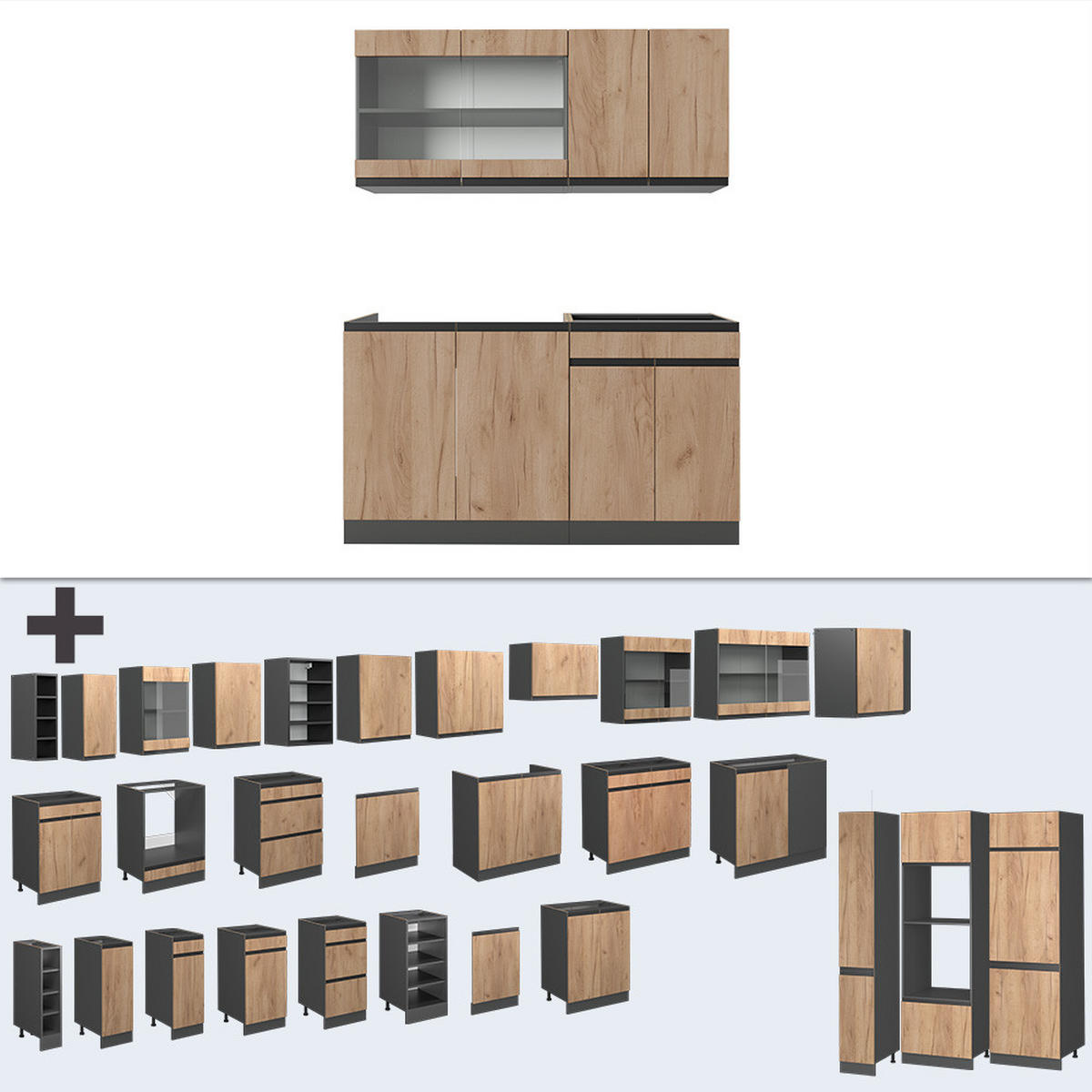 SINGLEKÜCHE R-Line Goldkraft Eiche/Anthrazit 140 cm J-Shape - Honigeiche/Anthrazit, Holzwerkstoff (140/81.6/46cm) - Vicco
