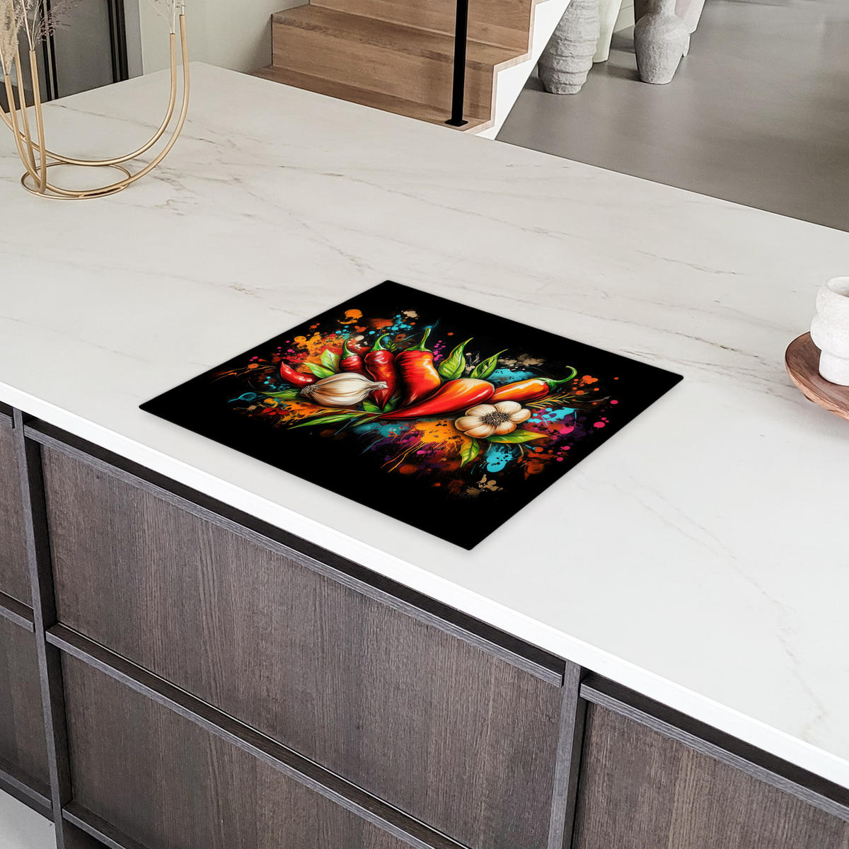 HERDABDECKPLATTE Gemüse - Paprika - Knoblauch - Graffiti - Farbe - Bunt 58x51 cm - Rot, Kunststoff (58.3/51.3/0.2cm) - MuchoWow