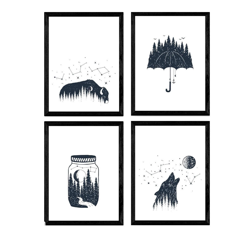 POSTER Set mit 4 Natur im nordischen Stil Wilder Wald in blauweiß A4 Rahmenlos - Klar, Papier (29.7/3cm) - Nacnic