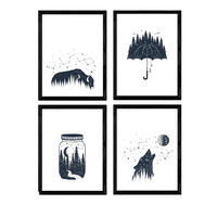 POSTER Set mit 4 Natur im nordischen Stil Wilder Wald in blauweiß A4 Rahmenlos - Klar, Papier (29.7/3cm) - Nacnic