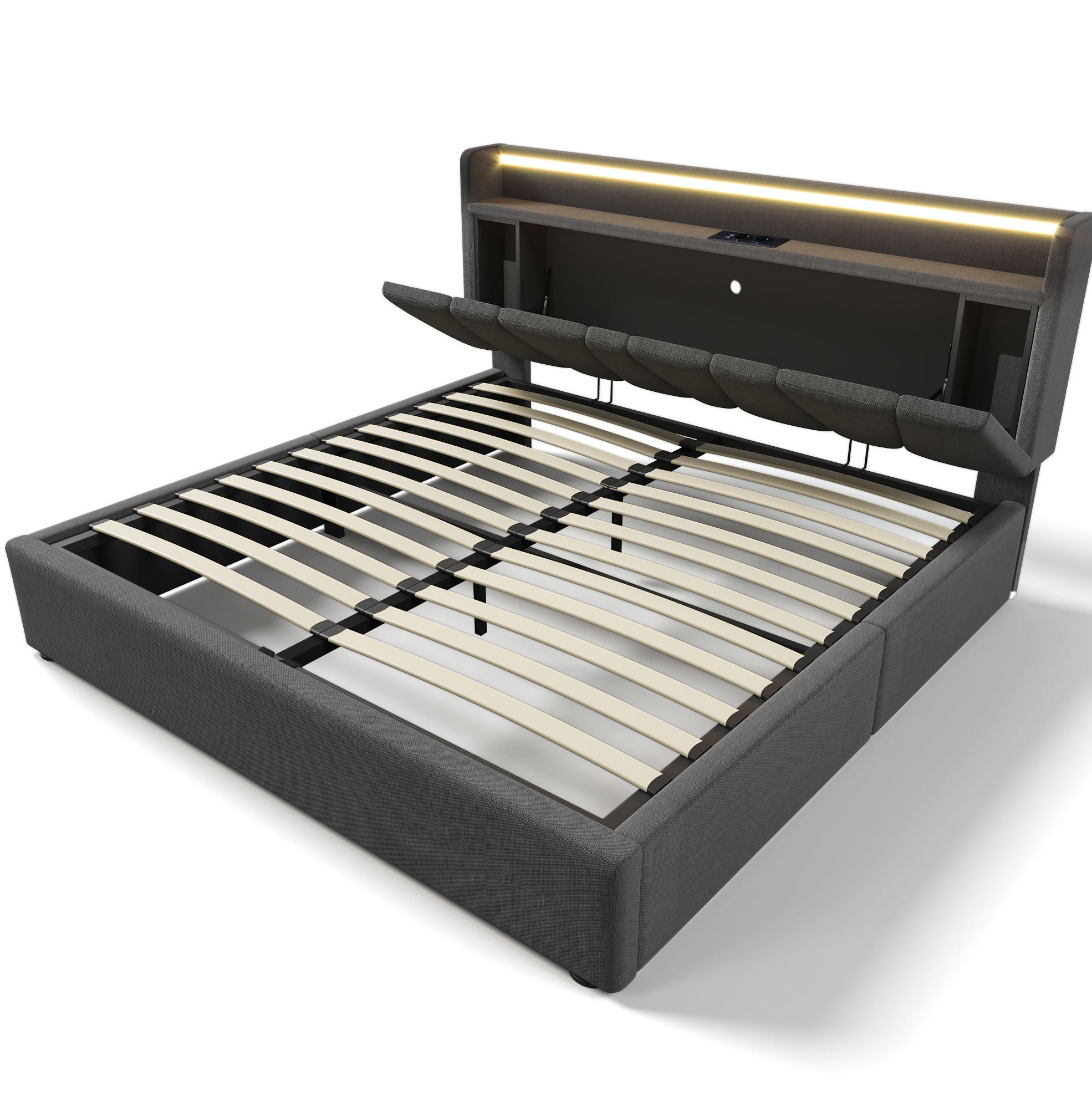 POLSTERBETT 140/200 cm mit LED-Beleuchtung, USB-, Type-C- und Steckdosenanschluss, Stauraum-Kopfteil, Grau - Grau, Textil (140/200cm) - Redom