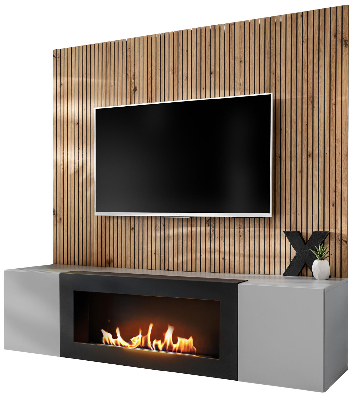 TV-LOWBOARD grau, Eiche Artisan 160, TV-Unterschrank mit Ethanpol Kamin und Akustikpaneel - Hellgrau/Schwarz, Glas/Holzwerkstoff (160/148/35cm) - Inn.Furn