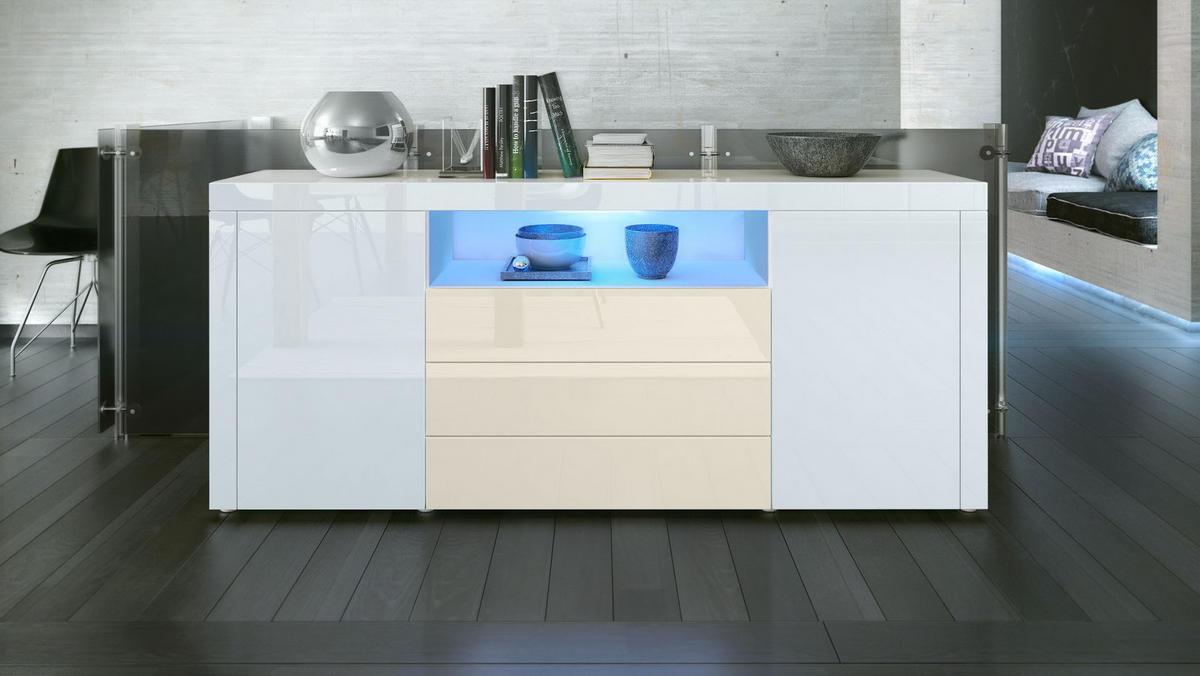 SIDEBOARD Santiago Weiß Hochglanz / Creme Hochglanz - Weiß Hochglanz, Holzwerkstoff (167/72/35cm) - Vladon
